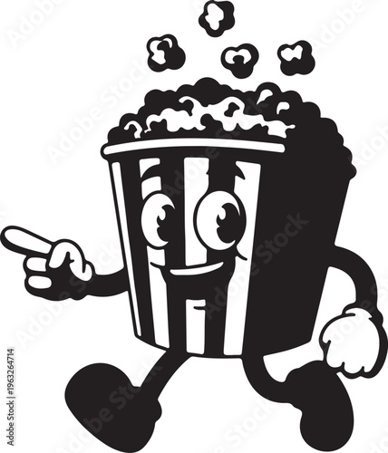 Retro popcorn bucket character, classic movie snack mascot, vintage cinema food illustration, black and white vector graphic for entertainment branding