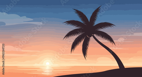 Palm tree silhouette at sunset beach.