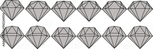 Faceted diamond geometric shapes arranged in two rows, abstract gemstone pattern illustration with symmetry, polygon facets, crystal design for decorative concepts