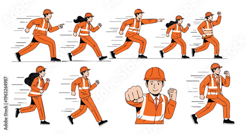 Construction Workers Running, Action Poses. Diverse Team. Safety Gear.