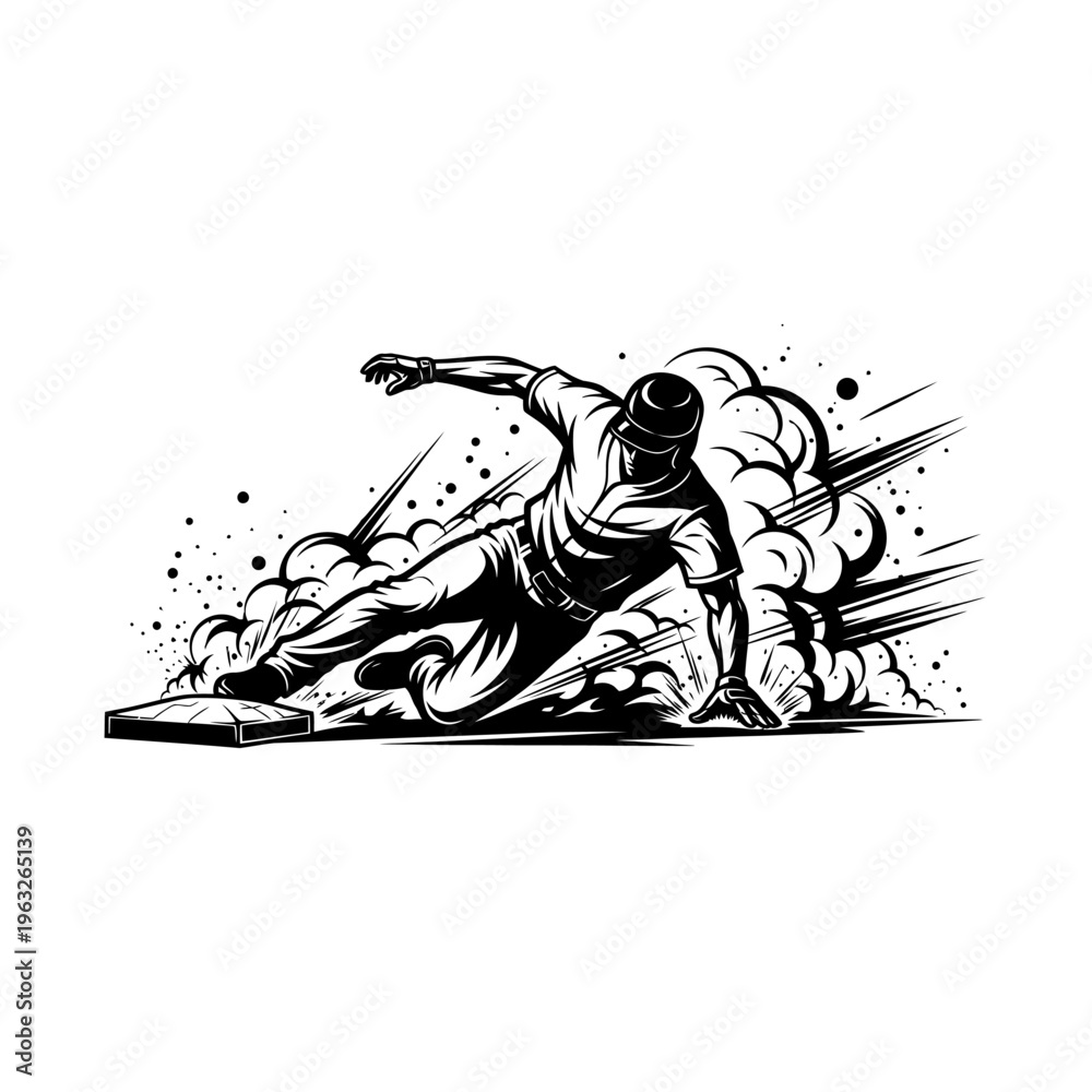 Obraz premium Baseball Sliding into Base Black and White Silhouette – Dynamic Slide Action Vector Isolated