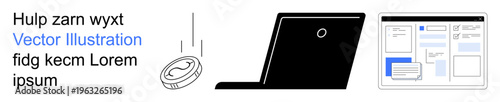 Digital transactions, e-commerce, online services, financial technology, user interface design, business operations. Coin, laptop and window displaying a UI. Digital transactions and e-commerce