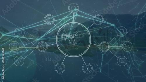 Animation of exam text and network of connections over landscape