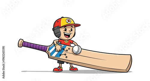 Cartoon boy holding cricket bat.