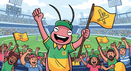 Cartoon Cricket Fan Holding Flag Cheering.