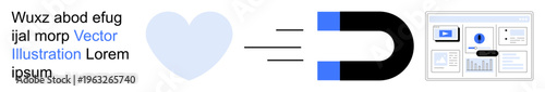 Marketing, audience engagement, customer acquisition, digital advertising, business growth, analysis. A magnet attracting a heart and leading to a data dashboard. Marketing and audience engagement