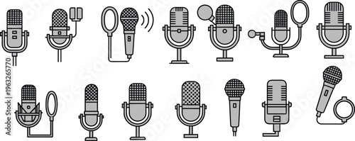 Monochrome illustration of diverse microphone icons, studio, handheld, headset, lavalier, audio recording and broadcasting equipment design for sound technology concepts