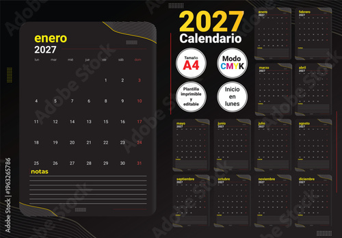 Luxury Black Gold Calendar 2027 Elegant Dark Theme Annual Planner Vector Illustration