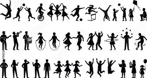 Collection of black vector silhouette people kids and adults playing dancing and jumping with blue selection path isolated on white background for graphic design