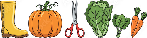 Gardening tools and harvest set with boots pumpkin scissors lettuce and carrots farm autumn vector illustration