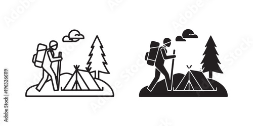 Black and white line icons of campers with tents and trees in nature