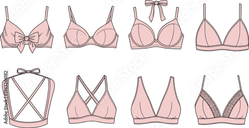 Pink silhouette illustration of diverse bra and bikini top designs, fashion lingerie collection showcasing straps, cups, decorative elements, and stylish variations