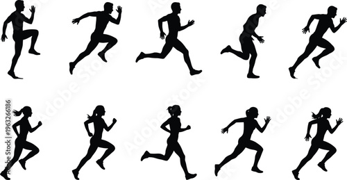 PrintSet of ten black vector silhouette running people male and female sprint animation cycle phases isolated on white background for sports graphic design