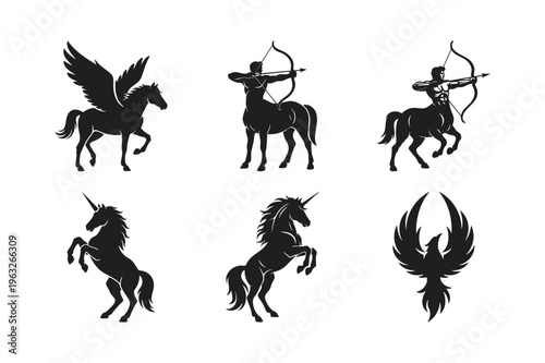 Mythical horse silhouette set bundle including centaur and unicorn.