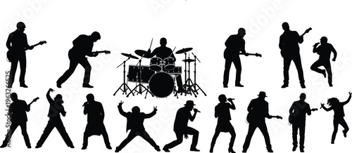 Silhouette band performance illustration showing musicians with guitars and drums, live concert energy, stage entertainment, music festival vector design for stock content