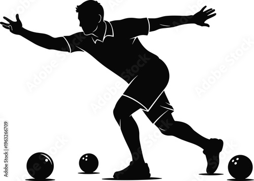 Silhouette of bowler releasing ball with dynamic motion, three bowling balls on ground, sport activity, athletic technique, leisure game illustration concept