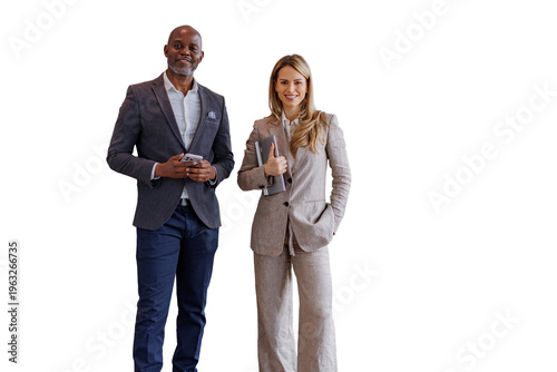 Diverse business partners standing together, smiling, showing successful teamwork, collaboration, and professional partnership on transparent background