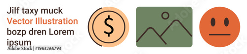 Financial transactions, online content, digital branding, user feedback, app interface, and minimalistic displays. Dollar sign, mountain image neutral face graphic. Financial transactions and online