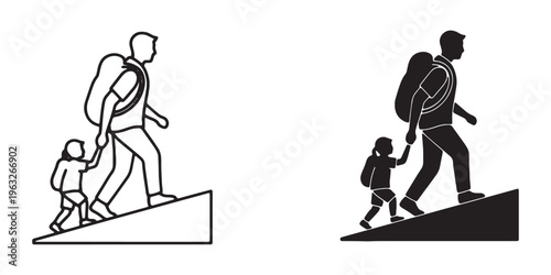Black and white line art of a man and child hiking up a slope with backpacks