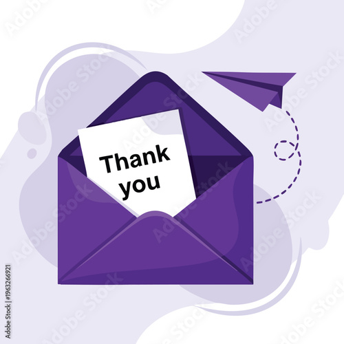 Thank You Message. Envelope with Paper. Paper Airplane. Communication Concept.