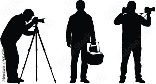 Silhouettes of photographers with tripod, camera, and carrying bag, capturing creative photography work, professional hobby, artistic photo shoot, dynamic illustration concept