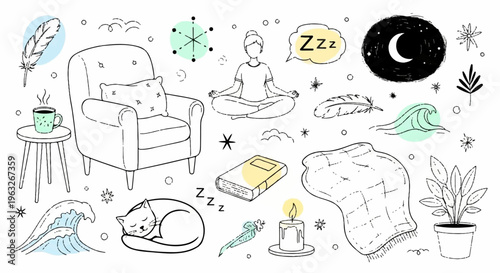 Relaxation scene with person meditating cat sleeping and various calming elements at night