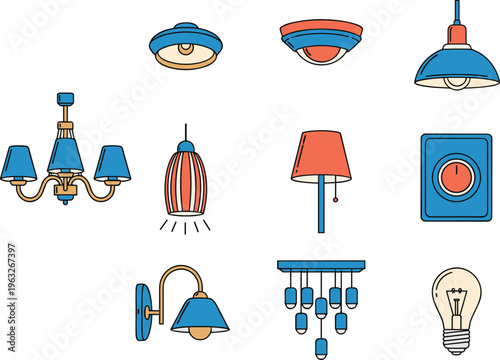 Stylized illustration of diverse lighting fixtures and bulb designs, chandelier, lamp, sconce, pendant, lantern, ceiling light for home interior decoration concepts
