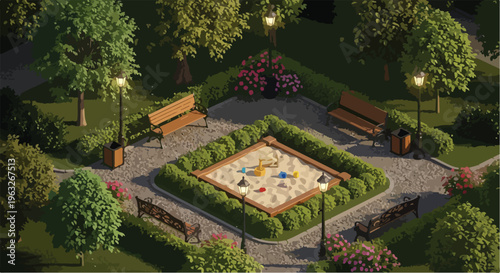 Isometric Park with Sandbox, Benches, Trees, and Streetlights Vector