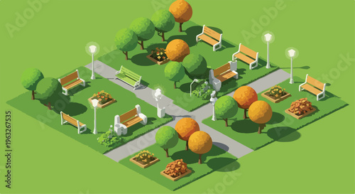 Isometric Public Park Vector Illustration with Benches, Trees, and Streetlights