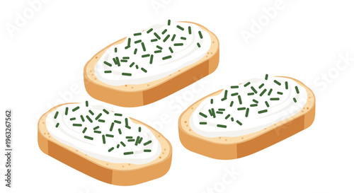 Three pieces of golden-brown toast topped with white cream cheese and green chives are arranged on a white background.