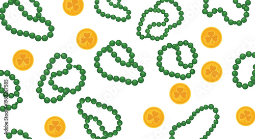 A seamless pattern displays green beaded necklaces and gold coins with shamrocks scattered across a white background.