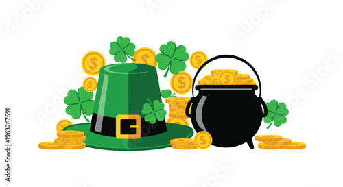 A green leprechaun hat, a black pot of gold, and many gold coins with green shamrocks are arranged on a white background.