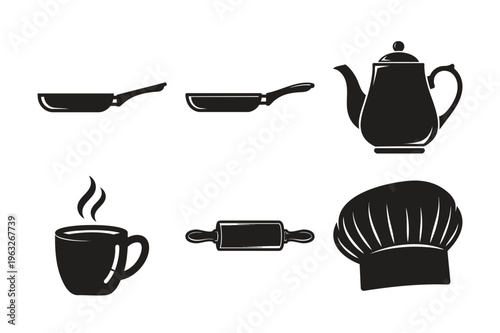 Cookware and drink items silhouette set bundle vector isolated elements.