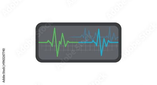 A rectangular dark gray screen displays two fluctuating waveforms, one green and one blue, against a grid background.