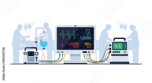 A central medical monitor displays vital signs while silhouetted medical personnel attend to patients with equipment.