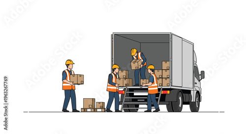 Four male workers in safety vests and hard hats actively unload brown cardboard boxes from the open rear of a white delivery truck.