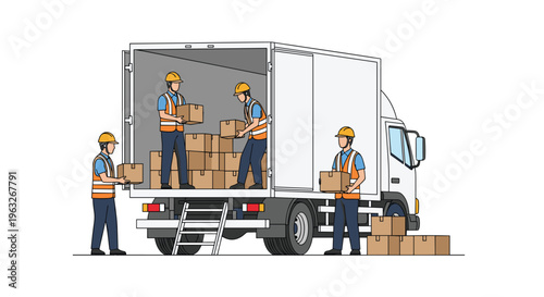 Four male workers in safety vests and hard hats actively load brown cardboard boxes into the open rear of a white delivery truck.