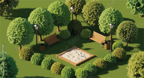 Isometric Green Park with Sandbox, Benches, and Trees Vector