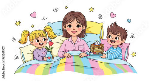 Mother and children enjoying breakfast in bed together.