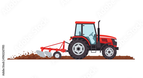 A red tractor with a silver plow attachment actively tills brown soil, viewed from the side against a white background.