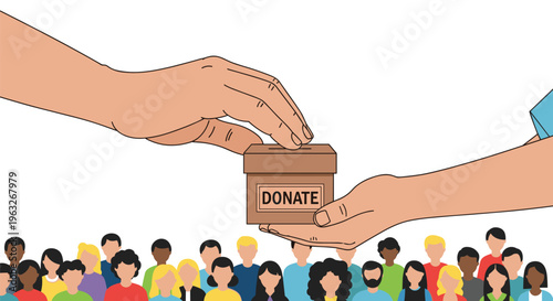 A large hand places an item into a cardboard donation box held by another hand, above a diverse crowd.