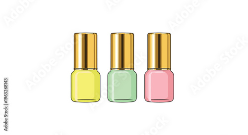 Three identical small bottles in light yellow, mint green, and light pink with gold screw-on caps are arranged on a white background.