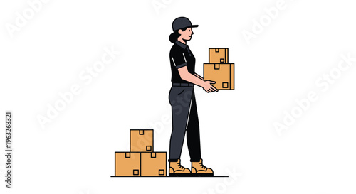 A female delivery worker carries two stacked brown cardboard boxes next to a small pile on a white background.
