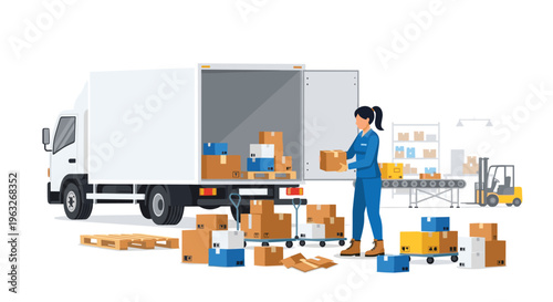 A female worker unloads various cardboard boxes from a white delivery truck in a busy warehouse setting.