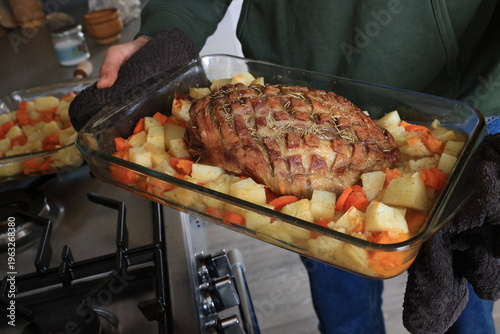 cooking tray with roasted lamb