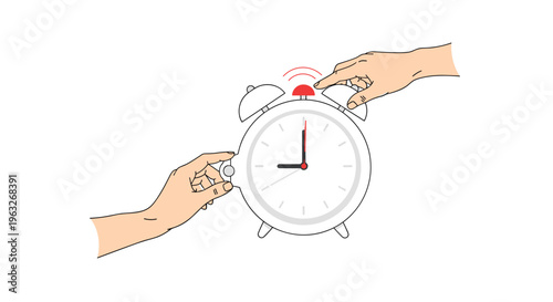 Two hands interact with a white alarm clock, one pressing a button and the other adjusting a knob.