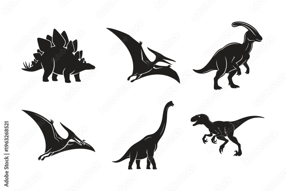 Fototapeta premium Dinosaurs silhouette set bundle, various prehistoric creatures included.