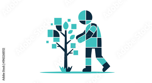Person tending to a pixelated tree symbolizing growth and digital development.