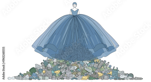 A woman in an elaborate blue gown stands on a large pile of garbage against a plain white background.