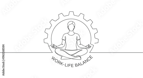 Work Life Balance Concept with Meditating Person in Gear Outline.
